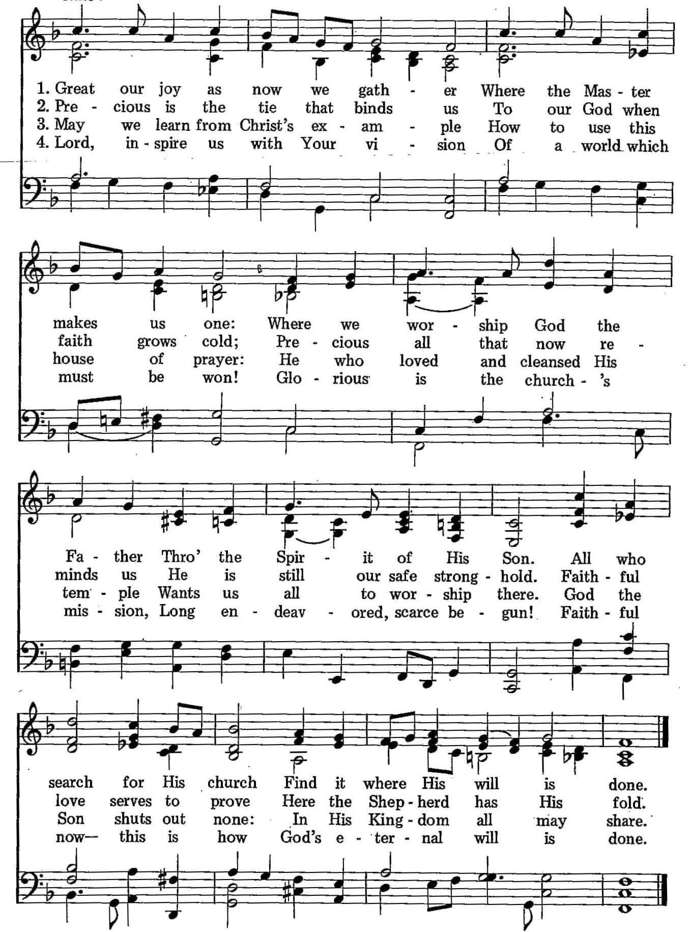 Musical score for Hymn 59: Great Our Joy as Now We Gather